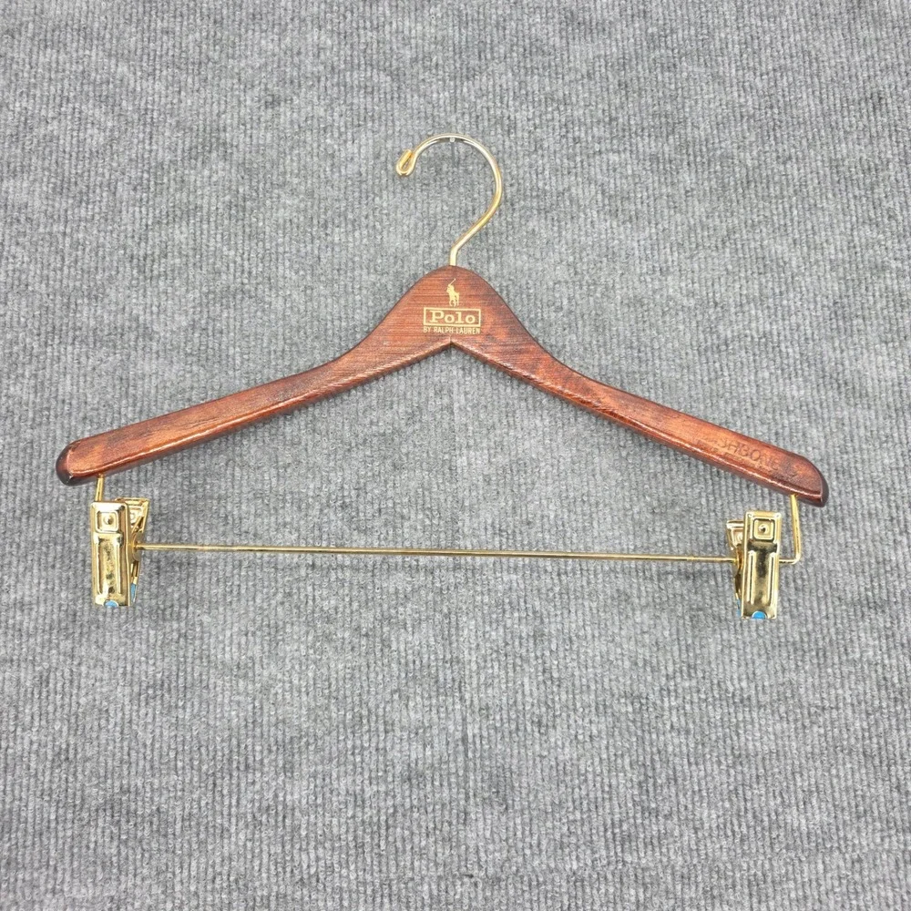 Polo Ralph Lauren Wishbone Wooden Suit Hanger Brown Gold Clips 14.5 in